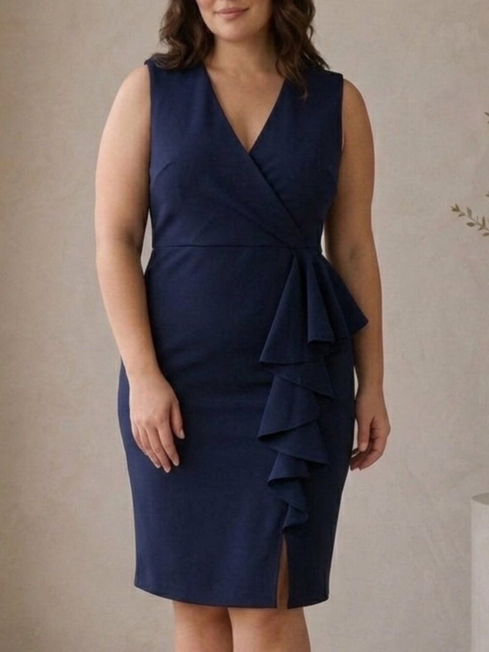 Eliza J Navy Blue Sleeveless Faux-Wrap Sheath Dress Cascading Ruffle Size 16 XL